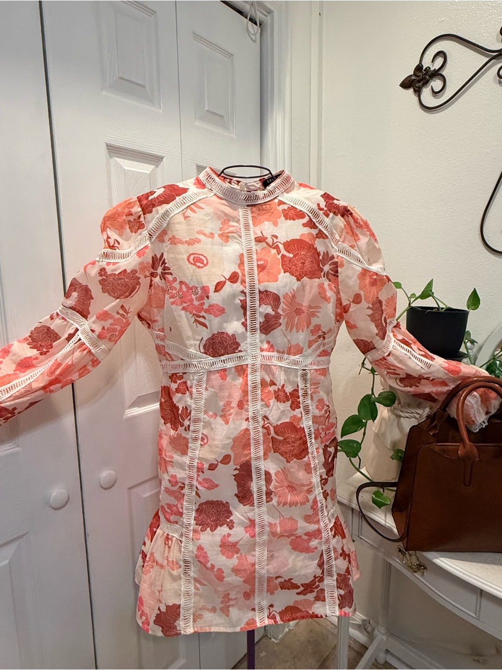 Beulah Coral and Pink Floral Long-Sleeve Mini Dress